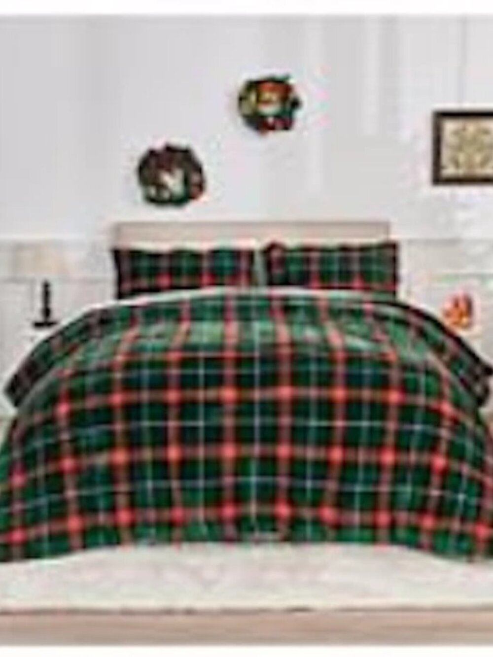 Warm & Cozy Plush Sherpa Reversible 2 piece Comforter Set Green Plaid Size Twin